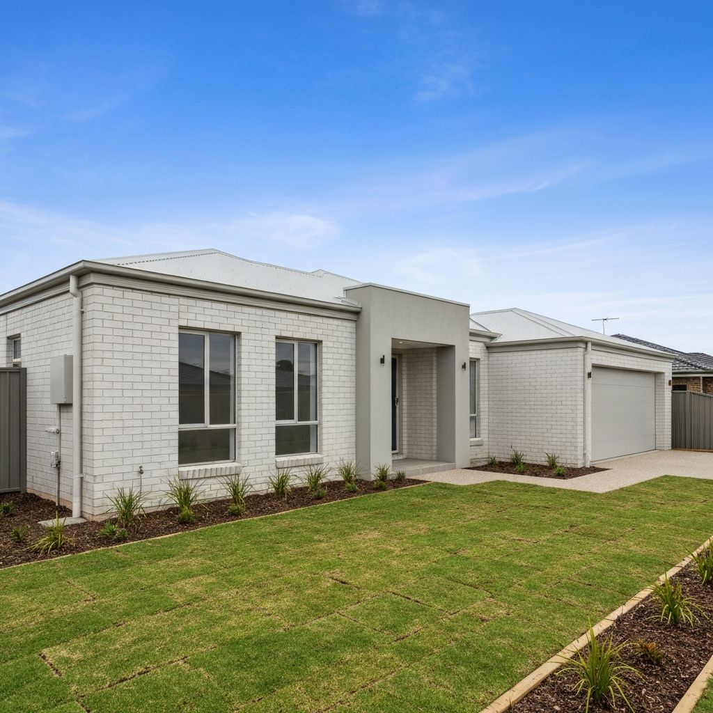 Newly built modern Australian home with clean render facade and tidy landscaping